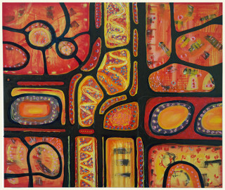 An Acrylic painting by Janine Rea in the Abstract style  with main colour being Orange and titled Tracks