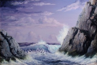 An Oil painting by JOHN COCORIS in the Realist style  depicting Seascape Beach Rocks and Sea with main colour being Blue and titled CRASHING WAVE