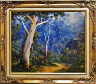 An Oil painting by JOHN COCORIS in the Realist style  depicting Landscape Fantasy Farmland and Hills with main colour being Blue and titled DOWN IN THE VALLEY