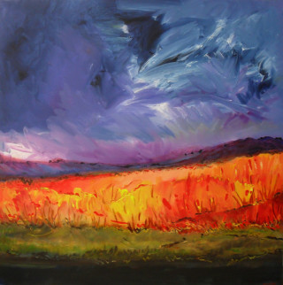An Acrylic painting by Janine Rea in the Abstract Expressionist style  depicting Landscape Desert Storm and Sunset with main colour being Blue and Orange and titled Desert Storm