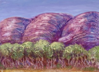 A Mixed Media painting by Diane Bastick depicting Landscape Mountains and Trees with main colour being Blue Green and Purple and titled Guardians