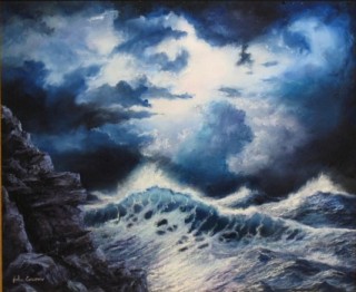 An Oil painting by JOHN COCORIS in the Realist style  depicting Seascape Boats Fantasy and Rocks with main colour being Blue and titled SEA STORM