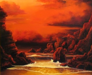 An Oil painting by JOHN COCORIS in the Realist style  depicting Seascape Beach Fantasy and Rocks with main colour being Red and titled RED SKY SUNSET