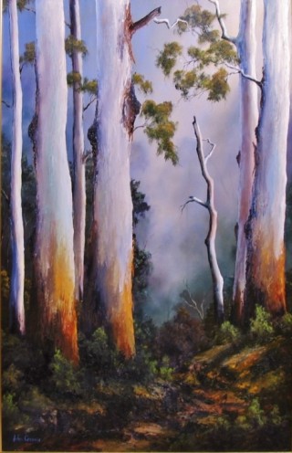 An Oil painting by JOHN COCORIS in the Realist style  depicting Landscape Bush Fantasy and Garden with main colour being Brown and titled GUMTREES AFTER THE RAIN