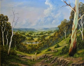 An Oil painting by JOHN COCORIS in the Realist style  depicting Landscape Animals Bush and Fantasy with main colour being Green and titled THE LOST SHEEP IN THE SCRUB