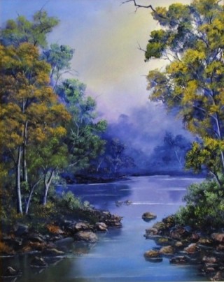 An Oil painting by JOHN COCORIS in the Realist style  depicting River Bush Creek and Fantasy with main colour being Blue and titled CALM WATERS