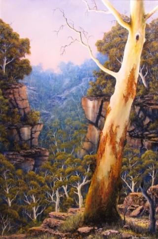 An Oil painting by JOHN COCORIS in the Realist style  depicting Landscape Bush Fantasy and Mountains with main colour being Brown and titled VALLEY MORNING DEW