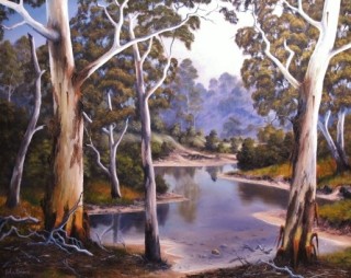 An Oil painting by JOHN COCORIS in the Realist style  depicting River Bush Farmland and Lake with main colour being Brown and titled SHALLOW  RIVER