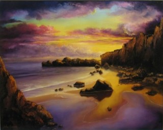 An Oil painting by JOHN COCORIS in the Realist style  Beach Fantasy and Mountains with main colour being Gold and titled GOLDEN SUNSET