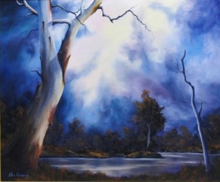 An Oil painting by JOHN COCORIS in the Realist style  depicting Landscape Bush Lake and River with main colour being Blue and titled BLUE MOOD