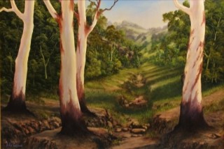 An Oil painting by JOHN COCORIS in the Realist style  depicting Landscape Bush Fantasy and Interior with main colour being Green and titled DRY CREEK