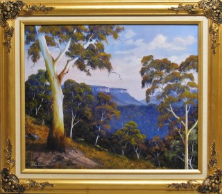 An Oil painting by JOHN COCORIS in the Realist style  depicting Trees Fantasy Hills and Mountains with main colour being Blue and titled MOUNTAIN VIEW