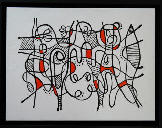An Acrylic painting by Janine Rea in the Abstract style  depicting  with main colour being Black Orange and White and titled MinMin Music