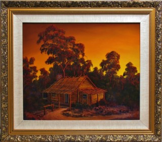 An Oil painting by JOHN COCORIS in the Realist style  depicting Seascape Buildings Fantasy and Mountains with main colour being Orange and titled PIONEERS LOG CABIN