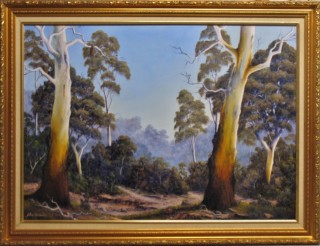 An Oil painting by JOHN COCORIS in the Realist style  depicting Landscape Bush Fantasy and Mountains with main colour being Brown and titled THE SCENT OF GUMTREES