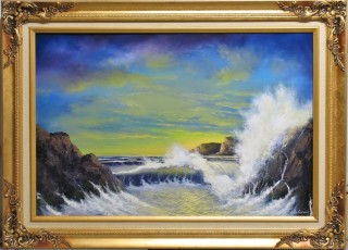 An Oil painting by JOHN COCORIS in the Realist style  depicting Seascape Beach Fantasy and Rocks with main colour being Gold and titled YELLOW LIGHT