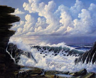 An Oil painting by JOHN COCORIS in the Realist style  depicting Seascape Boats Rocks and Sea with main colour being Blue and titled STORM APPROACH