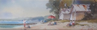 A Watercolour painting by Annee Kelly in the Impressionist style  depicting Landscape Beach People and Sheds with main colour being Blue Cream and Pink and titled Summer Holidays