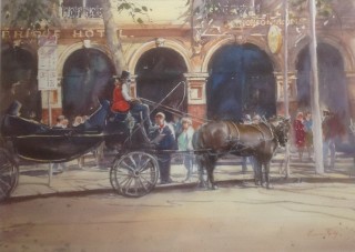 A Watercolour artwork by Annee Kelly in the Impressionist style  depicting Landscape Buildings City and Horses with main colour being Black Grey and Ochre and titled Autumn Afternoon, Swanston Street, Melbourne