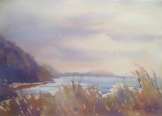 A Watercolour painting by Annee Kelly in the Impressionist style  depicting Beach Hills and Water with main colour being Blue Grey and Olive and titled Along the Great Ocean Road