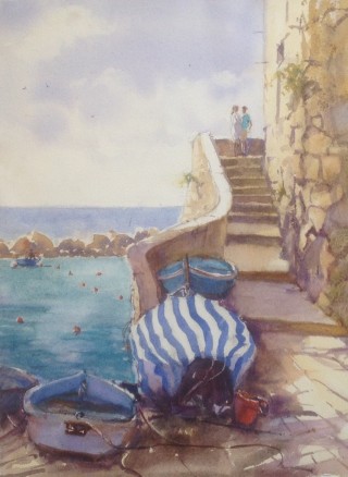 A Watercolour painting by Annee Kelly in the Impressionist style  depicting Landscape Beach Boats and People with main colour being Blue Cream and Grey and titled Afternoon Chat, Cinque Terre, Italy
