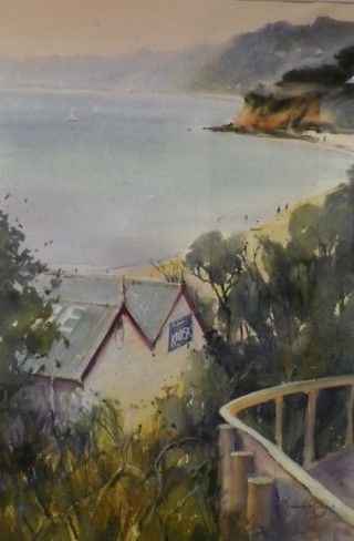 A Watercolour artwork by Annee Kelly in the Impressionist style  depicting Landscape Beach Hills and Sheds with main colour being Blue Cream and Olive and titled A New Dawn, Mornington