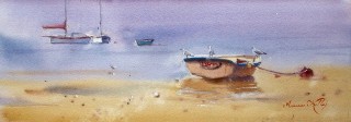 A Watercolour artwork by Annee Kelly in the Impressionist style  depicting Landscape Beach Birds and Boats with main colour being Blue Ochre and Purple and titled At Rest