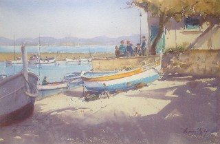A Watercolour artwork by Annee Kelly in the Impressionist style  depicting Landscape Beach Boats and Buildings with main colour being Blue Cream and Ochre and titled Old Faithful, South of France