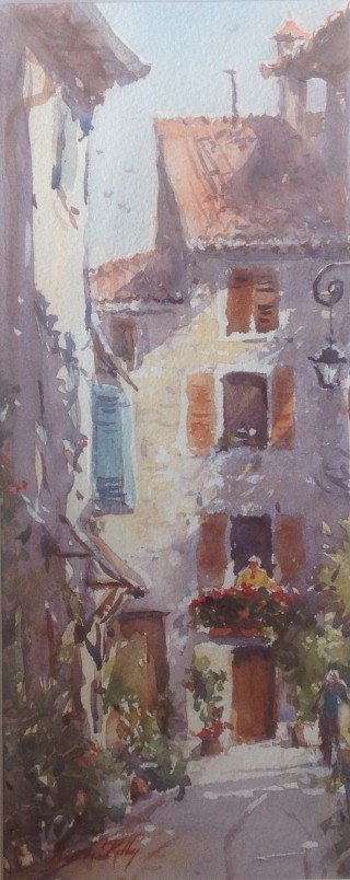 A Watercolour painting by Annee Kelly in the Impressionist style  depicting Landscape Buildings with main colour being Blue Cream and Grey and titled Rue de la Coste, Vence, France