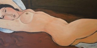 An Acrylic painting by Diane Bastick in the Contemporary style  depicting Nude with main colour being Brown Ochre and Pink and titled Nude (after Modigliani)