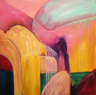An Acrylic painting by Diane Bastick in the Abstract style  with main colour being Green Orange and Pink and titled Waterhole
