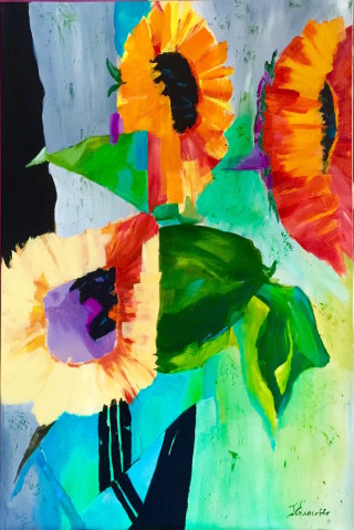 An Acrylic painting by Janette Giacobbe in the Contemporary style  depicting Flowers with main colour being Cream Green and Red and titled Sunflowers