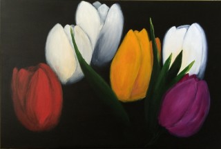 An Acrylic painting by Janette Giacobbe in the Realist style  depicting Flowers with main colour being Black Orange and Purple and titled Tulips