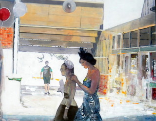 An Acrylic painting by Jeanette Adams in the Contemporary Realist style  depicting People Buildings Girl and Horses with main colour being Cream Grey and Ochre and titled Retro Girls The Last Text