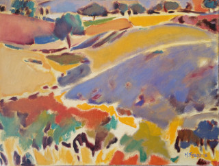 An Oil painting by Melissa Silver depicting Rural Farmland and Hills with main colour being Blue Cream and Ochre and titled Blue Hill