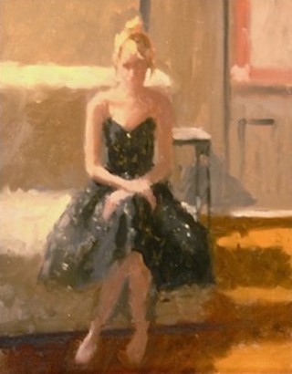 An Oil painting by Don James in the Impressionist style  depicting Portrait Woman with main colour being Black Brown and Cream and titled The Black Dress