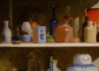 An Oil painting by Don James in the Impressionist style  depicting Still Life Bottles Clay Pots and Interior and titled Mr Plod The Policeman