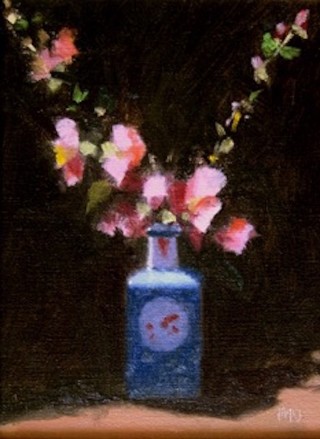 An Oil painting by Don James in the Realist Impressionist style  depicting Flowers and Vases with main colour being Black Blue and Pink and titled Pink Japonica