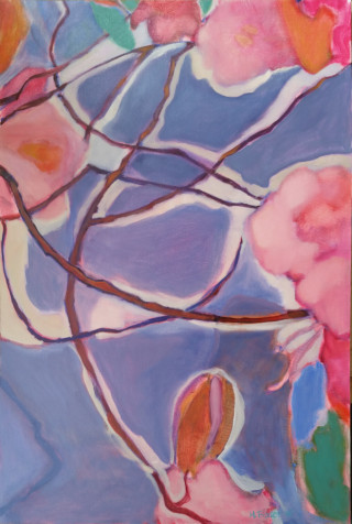 An Oil painting by Melissa Fraser depicting Trees Flowers Garden and Oriental with main colour being Blue Ochre and Pink and titled Hakone Sky