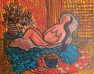 An Acrylic painting by Julie Rooney in the Contemporary style  depicting Nude and Woman with main colour being Blue Orange and Red and titled Woman Reclining