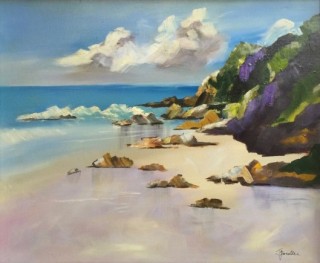 An Acrylic painting by Janette Giacobbe in the Impressionist style  depicting Beach with main colour being Blue and Cream and titled Quiet Beach