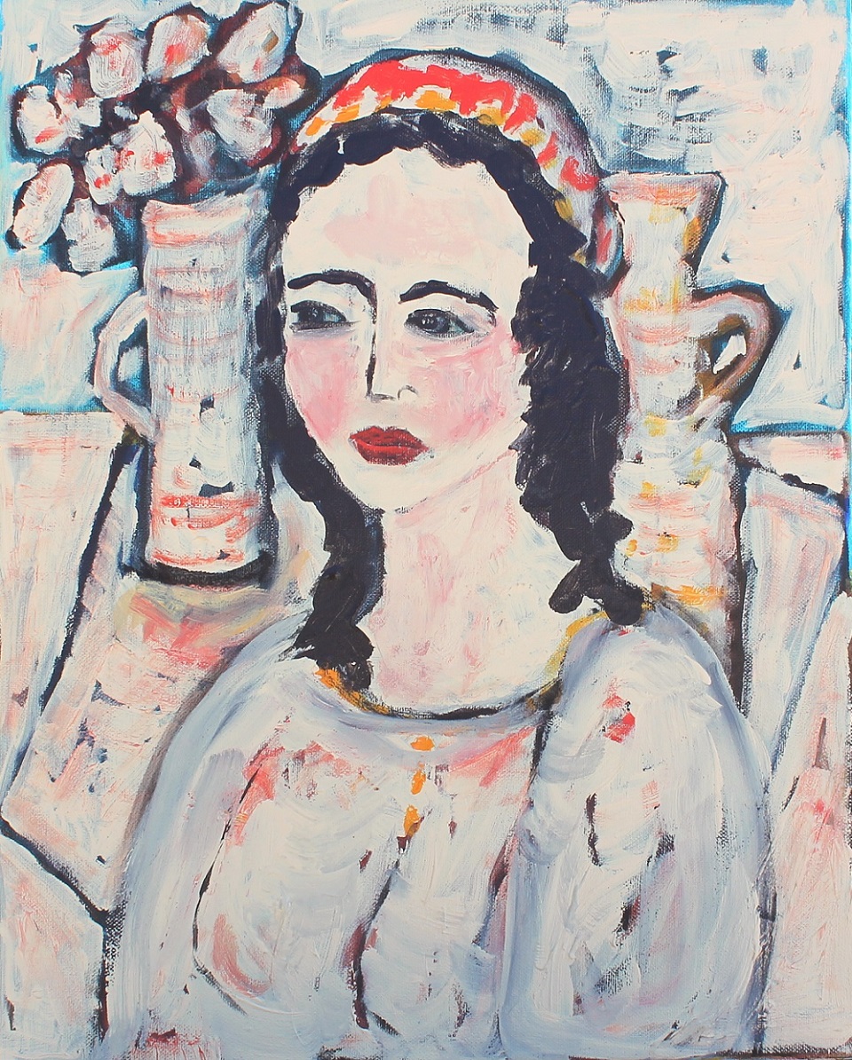 Acrylic Painting by Julie Rooney titled Girl with Red Scarf