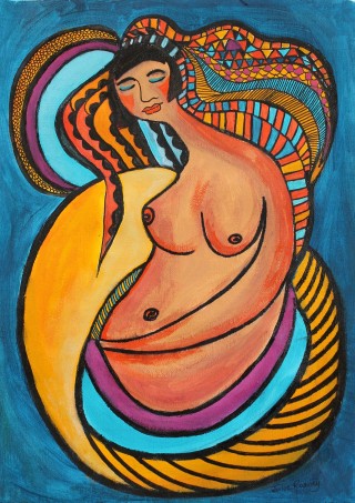 An Acrylic painting by Julie Rooney in the Contemporary style  depicting People with main colour being Blue Pink and Yellow and titled Woman Resting