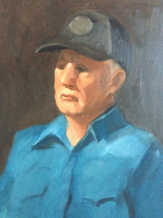 An Oil painting by Kathryn Morgana-Aprile in the Realist style  depicting Man with main colour being Blue Brown and Grey and titled Portrait of a man