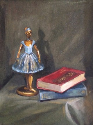 An Oil painting by Kathryn Morgana-Aprile in the Realist style  depicting Still Life Books and Statue with main colour being Blue Grey and Red and titled Degas figurine & books