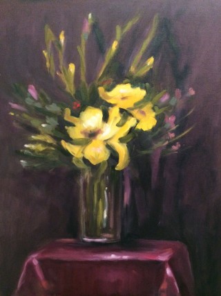 An Oil painting by Kathryn Morgana-Aprile in the Realist Impressionist style  depicting Flowers and Vases with main colour being Brown Grey and Purple and titled Yellow Liliums