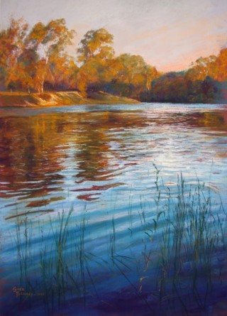 A Pastel painting by Lynda Robinson in the Realist style  depicting River Rural and Trees and titled Evening Reflections - Goulburn River