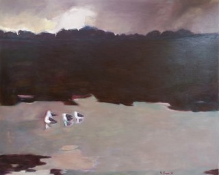 An Oil painting by Melissa Fraser in the Impressionist style  depicting Landscape Birds Hills and River with main colour being Brown Cream and Grey and titled Fading Light