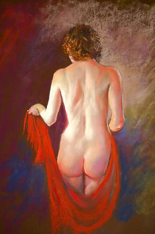 A Pastel painting by Lynda Robinson in the Realist style  depicting Nude and titled 'The Red Shawl'