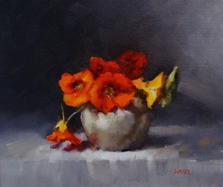 An Oil painting by Joan Denner in the Impressionist style  depicting Flowers and Vases with main colour being Black Grey and Red and titled Nasturtiums